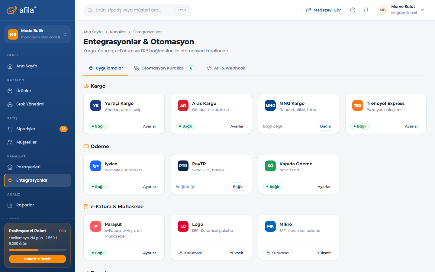 Kargo, ödeme ve e-fatura entegrasyonları